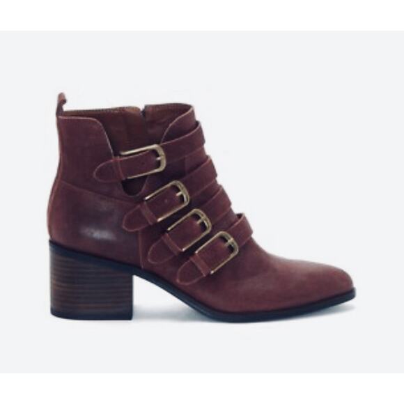 Lucky Brand LK-LORENIAH Brown Leather Ankle Bootie 4Buckles Sz-9.5-391/2 Trendy - Picture 1 of 16